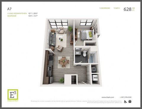 Floor plan for 1 bed, 1 bath, 628 sqft