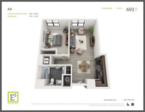 Floor plan for 1 bed, 1 bath, 693 sqft
