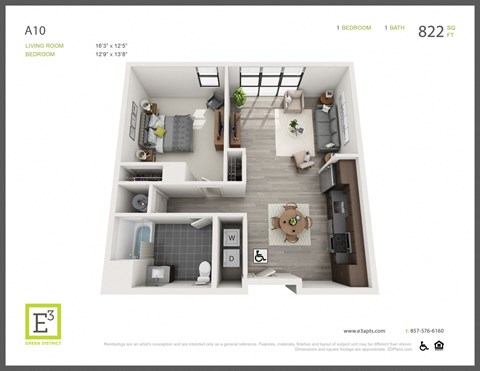 Floor plan for 1 bed, 1 bath, 822 sqft