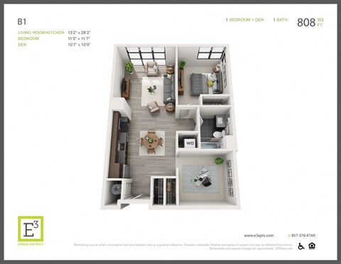 Floor plan for 1 bed, 1 bath, 808 sqft