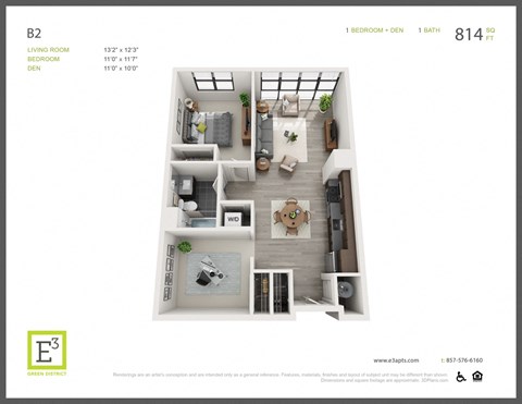 Floor plan for 1 bed, 1 bath, 814 sqft