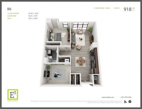 Floor plan for 1 bed, 1 bath, 918 sqft