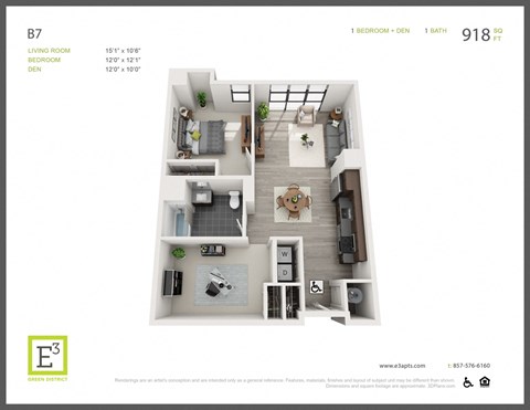 Floor plan for 1 bed, 1 bath, 918 sqft