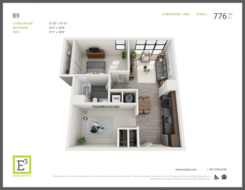 Floor plan for 1 bed, 1 bath, 776 sqft