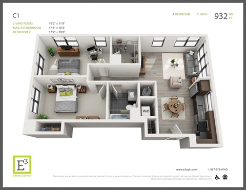 Floor plan for 2 beds, 1 bath, 932 sqft