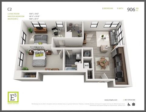 Floor plan for 2 beds, 1 bath, 906 sqft