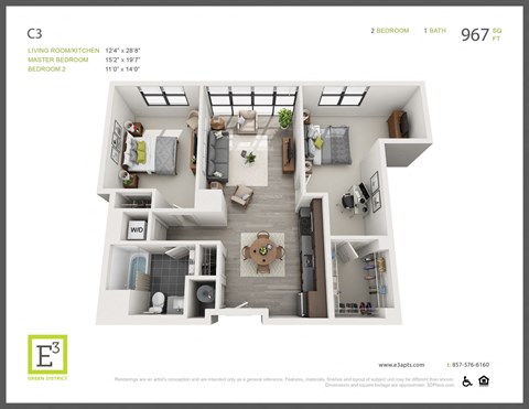 Floor plan for 2 beds, 1 bath, 967 sqft