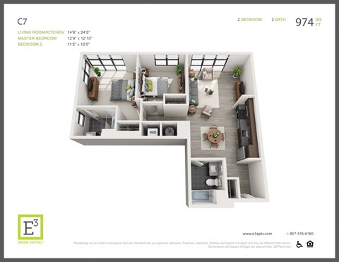 Floor plan for 2 beds, 2 baths, 974 sqft