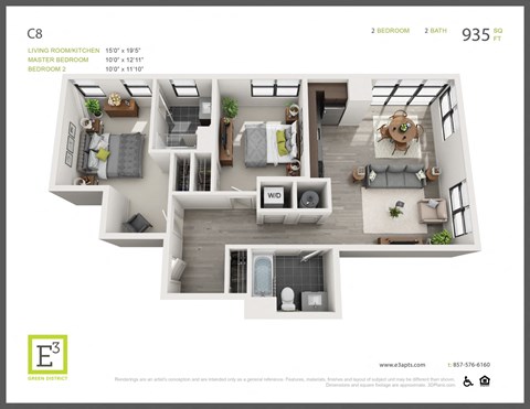 Floor plan for 2 beds, 2 baths, 935 sqft