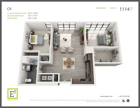 Floor plan for 2 beds, 1 bath, 1114 sqft