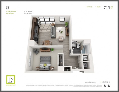 Floor plan for studio, 1 bath, 713 sqft