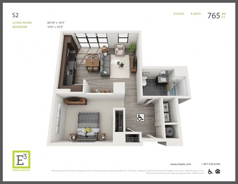 Floor plan for studio, 1 bath, 765 sqft
