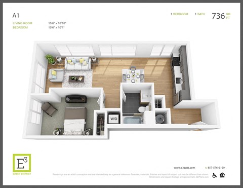 Floor plan for 1 bed, 1 bath, 736 sqft
