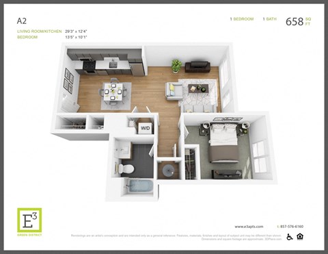 Floor plan for 1 bed, 1 bath, 658 sqft
