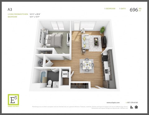 Floor plan for 1 bed, 1 bath, 696 sqft