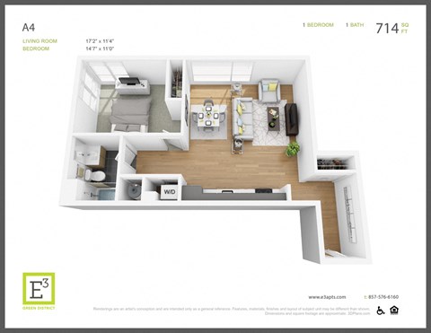 Floor plan for 1 bed, 1 bath, 714 sqft