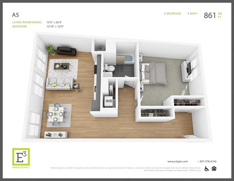 Floor plan for 1 bed, 1 bath, 861 sqft