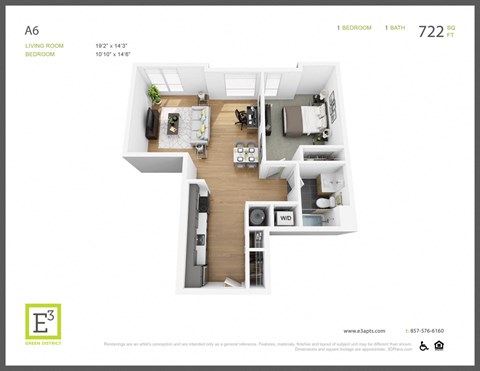 Floor plan for 1 bed, 1 bath, 722 sqft