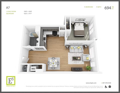 Floor plan for 1 bed, 1 bath, 694 sqft
