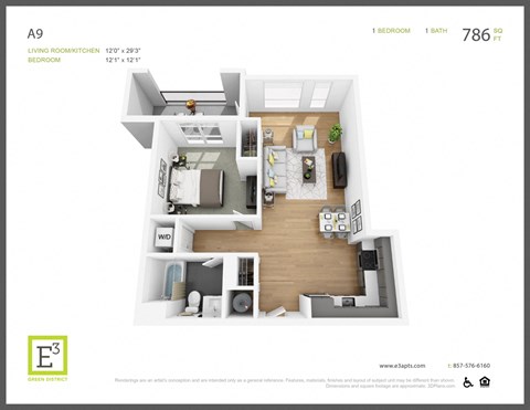 Floor plan for 1 bed, 1 bath, 786 sqft