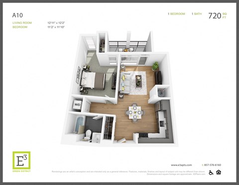 Floor plan for 1 bed, 1 bath, 720 sqft