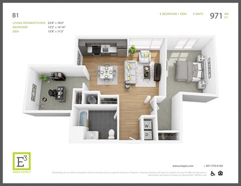 Floor plan for 1 bed, 1 bath, 972 sqft