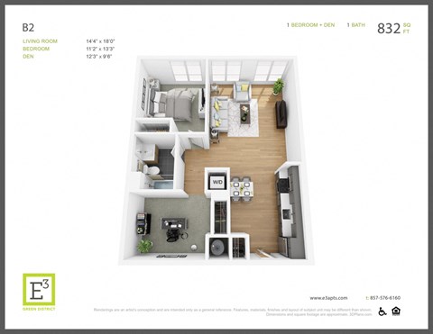Floor plan for 1 bed, 1 bath, 832 sqft