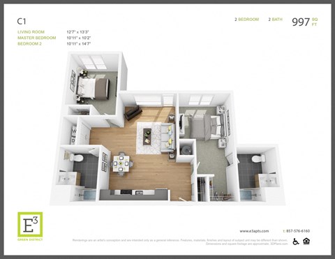Floor plan for 2 beds, 2 baths, 997 sqft