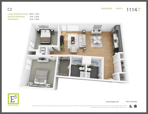 Floor plan for 2 beds, 2 baths, 1114 sqft