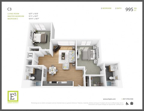 Floor plan for 2 beds, 2 baths, 995 sqft