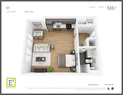 Floor plan for studio, 1 bath, 533 sqft