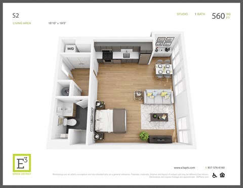 Floor plan for studio, 1 bath, 560 sqft