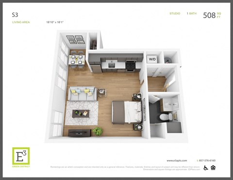Floor plan for studio, 1 bath, 508 sqft