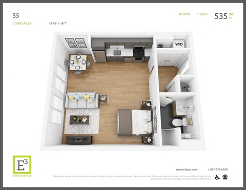 Floor plan for studio, 1 bath, 535 sqft