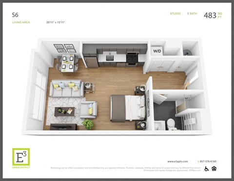 Floor plan for studio, 1 bath, 483 sqft