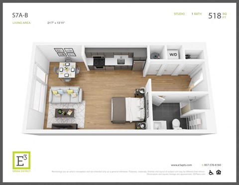 Floor plan for studio, 1 bath, 517 sqft