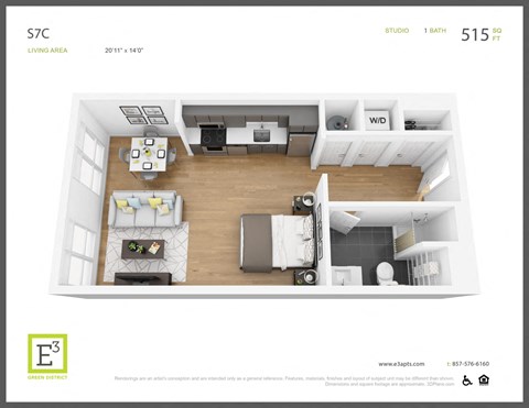 Floor plan for studio, 1 bath, 516 sqft