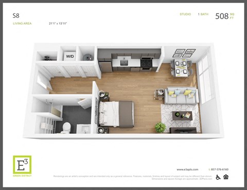 Floor plan for studio, 1 bath, 508 sqft