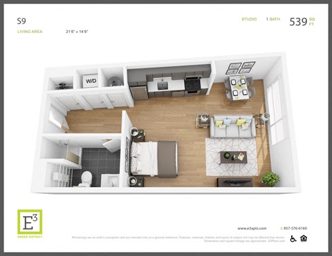 Floor plan for studio, 1 bath, 539 sqft