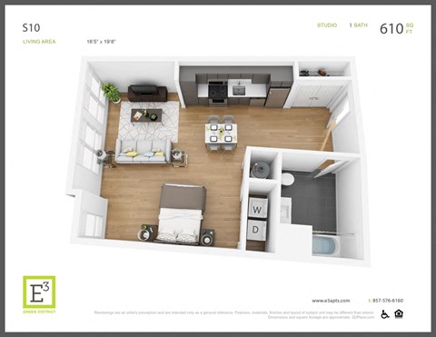 Floor plan for studio, 1 bath, 610 sqft