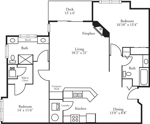 Floor plan for 2 beds, 2 baths, 1421 sqft