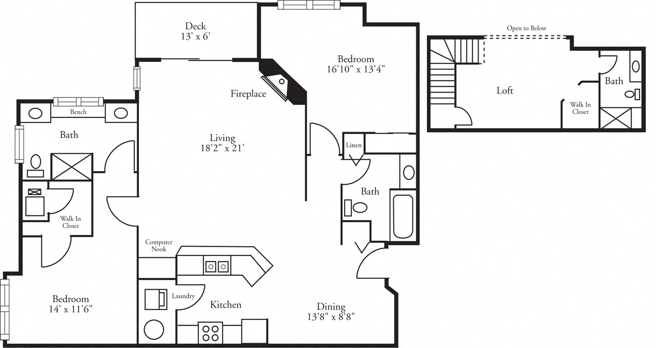 Floor plan for 2 beds, 3 baths, 1790 sqft