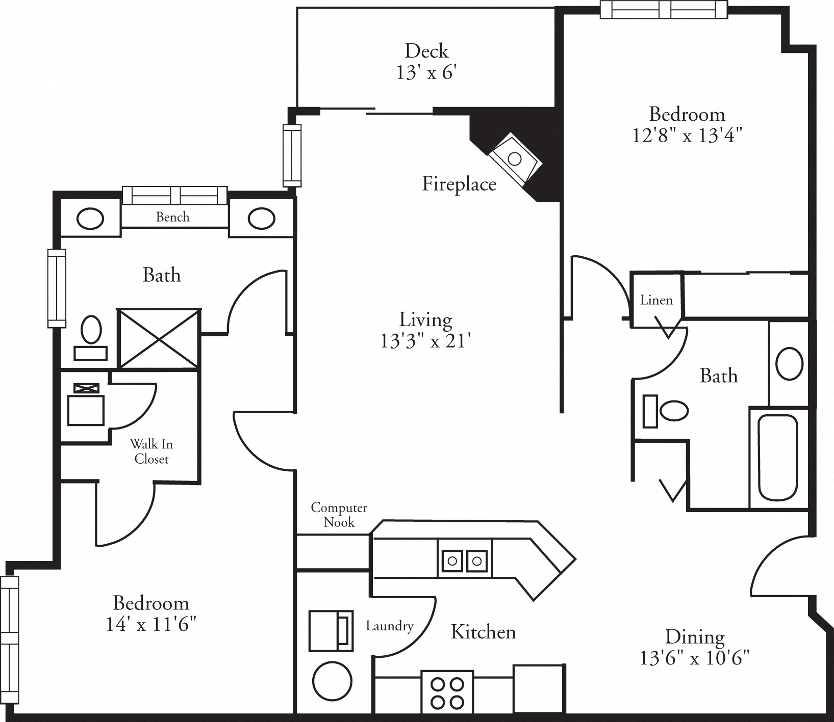 Floor plan for 2 beds, 2 baths, 1317 sqft