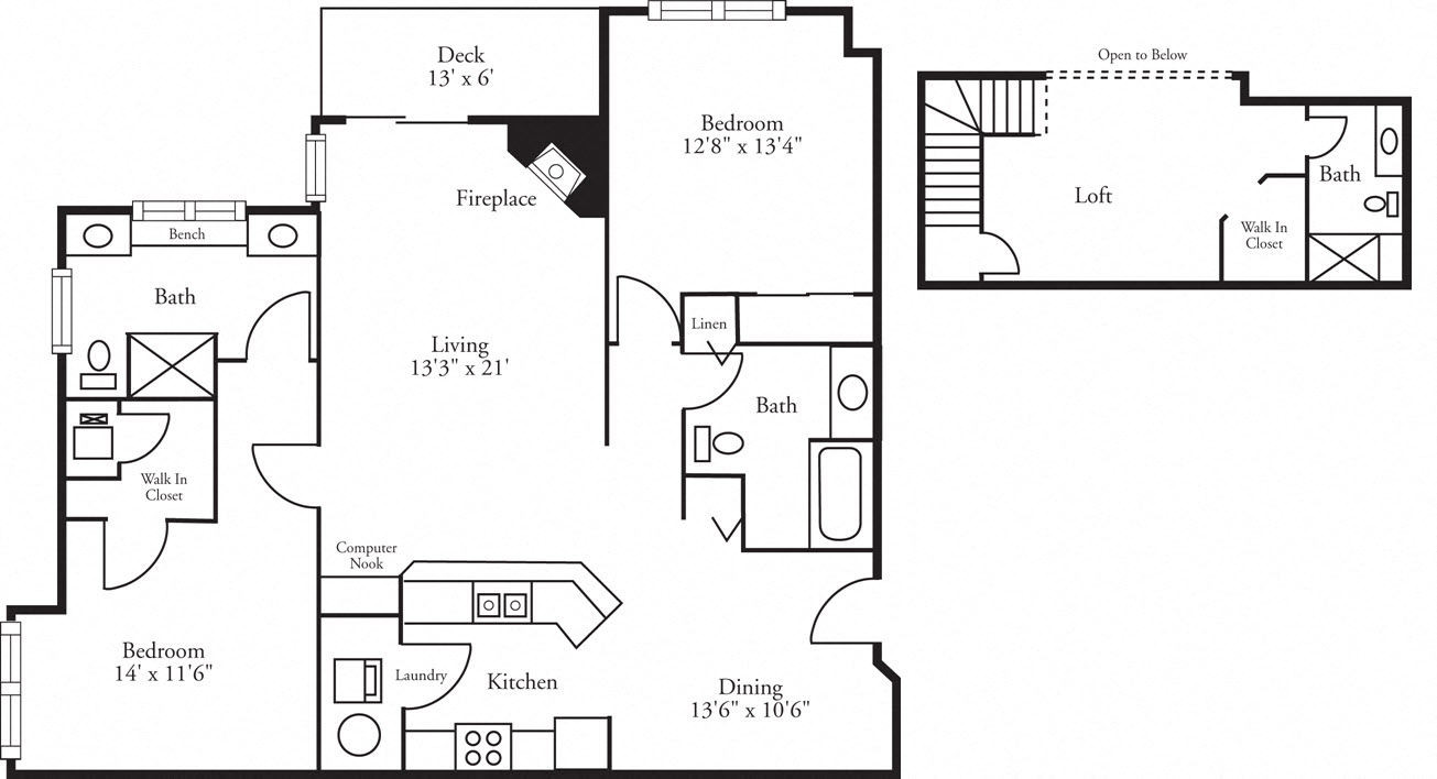 Floor plan for 2 beds, 3 baths, 1677 sqft