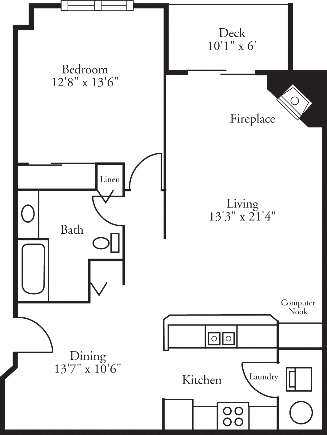 Floor plan for 1 bed, 1 bath, 947 sqft