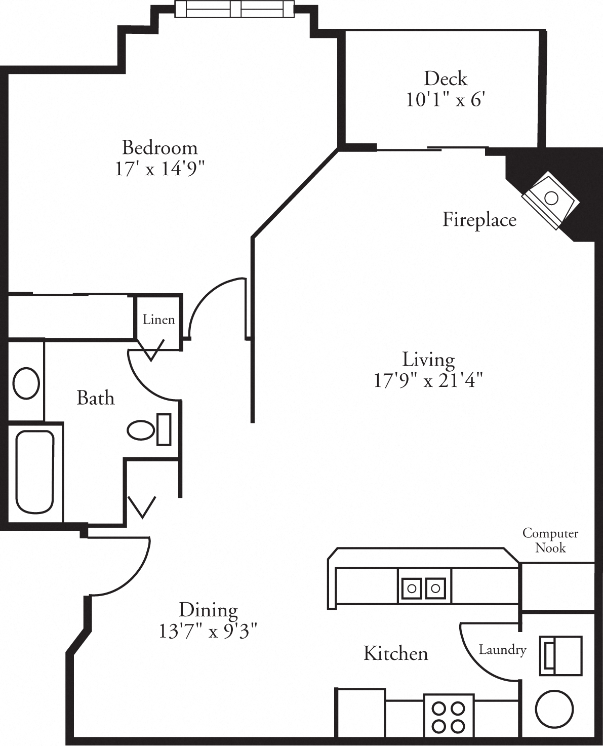 Floor plan for 1 bed, 1 bath, 1031 sqft