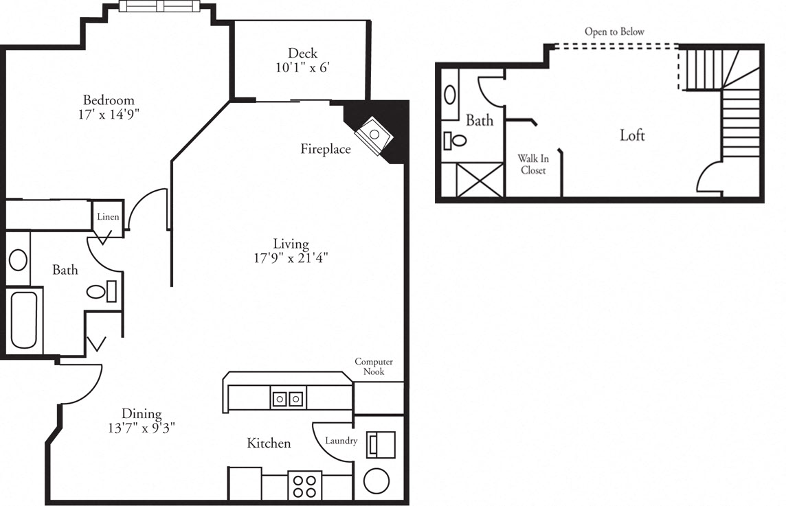 Floor plan for 1 bed, 2 baths, 1399 sqft