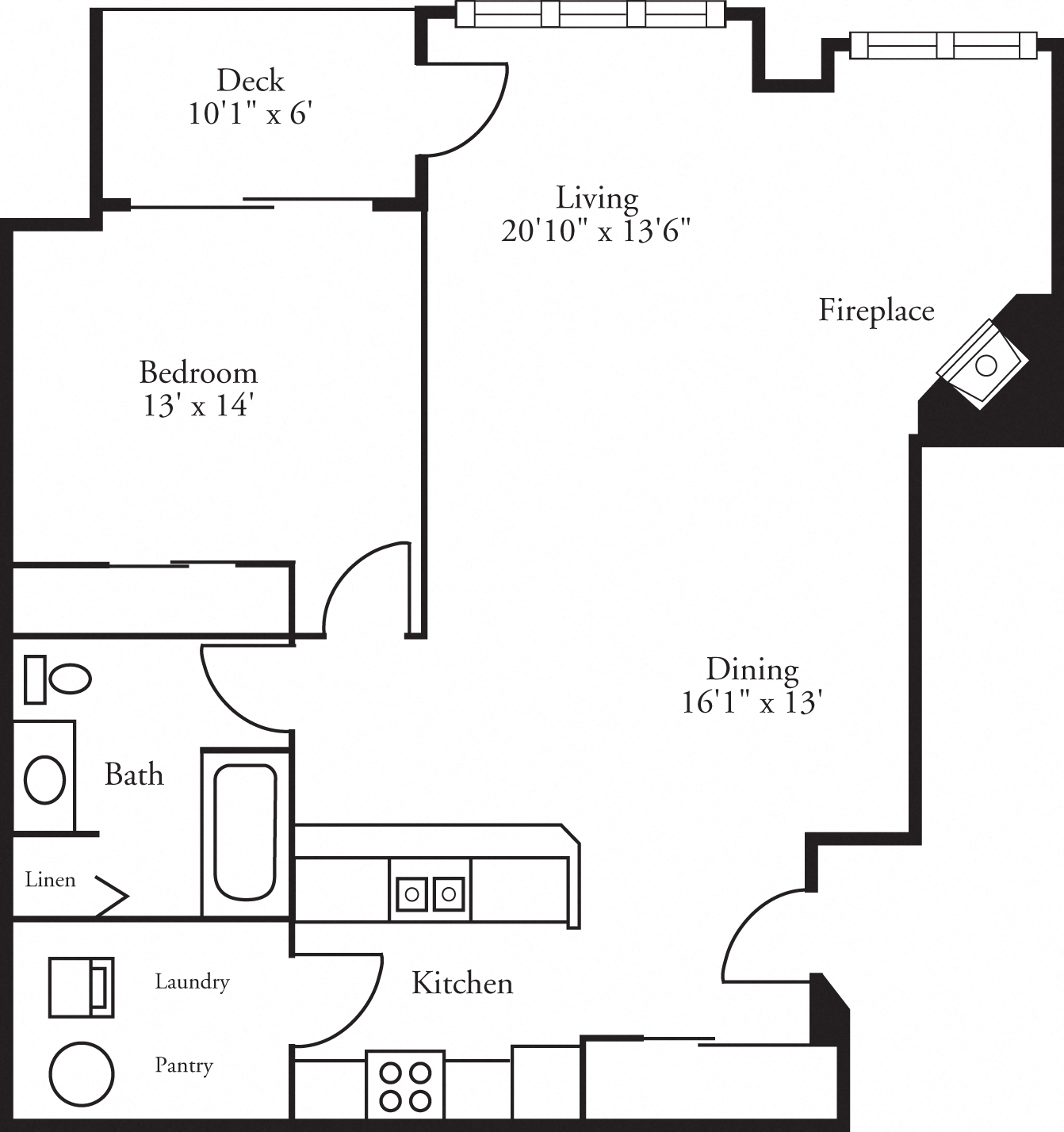 Floor plan for 1 bed, 1 bath, 1100 sqft