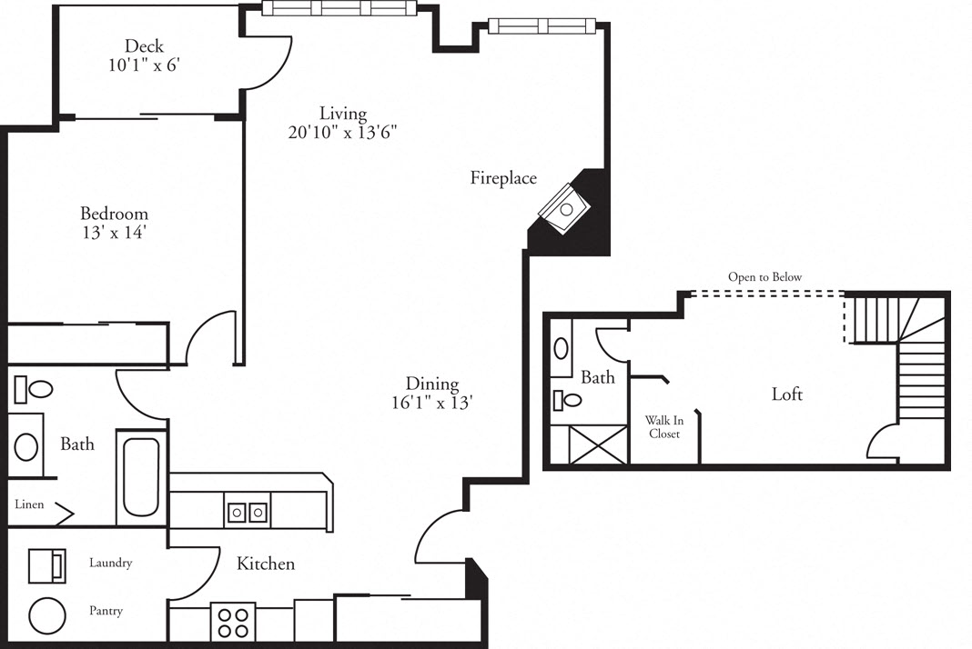 Floor plan for 1 bed, 2 baths, 1512 sqft