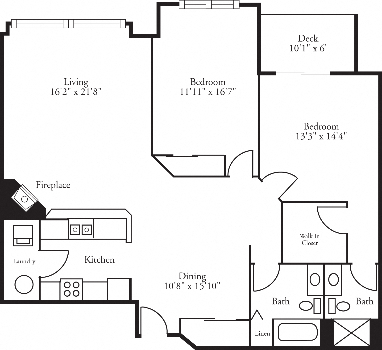 Floor plan for 2 beds, 2 baths, 1383 sqft